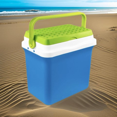Lodówka turystyczna 29,5L KAMAI FIESTA na wkłady mrożące, błękitna z zieloną pokrywą i uchwytem Lodówka turystyczna 29,5L KAMAI FIESTA na wkłady mrożące, błękitna z zieloną pokrywą i uchwytem