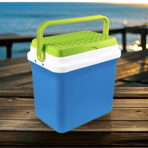 Lodówka turystyczna 29,5L KAMAI FIESTA na wkłady mrożące, błękitna z zieloną pokrywą i uchwytem Lodówka turystyczna 29,5L KAMAI FIESTA na wkłady mrożące, błękitna z zieloną pokrywą i uchwytem