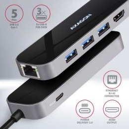 Wieloportowy HUB USB-C 3.2 Gen 1, HDMI + 3x USB-A + LAN(RJ45) + PD 100W Axagon HMC-6GL Axagon
