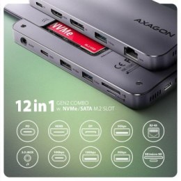 Wieloportowy HUB USB-C 3.2 Gen 2, NVMe/SATA M.2, HDMI i DisplayPort Axagon HMC-12GM2 Axagon