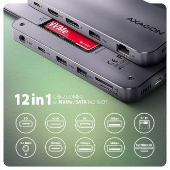 Wieloportowy HUB USB-C 3.2 Gen 2, NVMe/SATA M.2, HDMI i DisplayPort Axagon HMC-12GM2 Axagon Wieloportowy HUB USB-C 3.2 Gen 2, NVMe/SATA M.2, HDMI i DisplayPort Axagon HMC-12GM2 Axagon