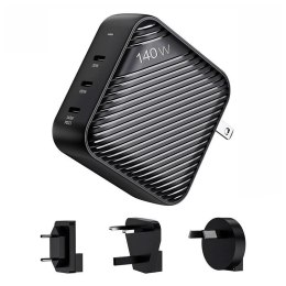 Ładowarka sieciowa INVZI GanHub 3x USB-C, 140W, EU/UK/AU/US (czarna) INVZI