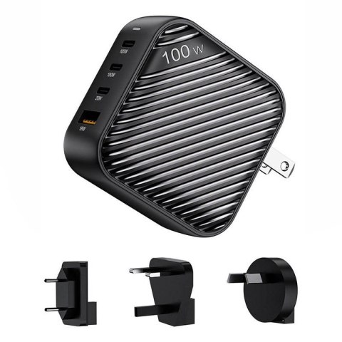 Ładowarka sieciowa INVZI GanHub 3x USB-C + USB, 100W, EU/UK/AU/US (czarna) INVZI