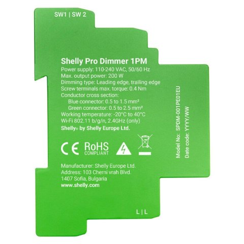 1-kanałowy ściemniacz na szynę DIN Shelly Pro Dimmer 1 WiFi/Bluetooth Shelly 1-kanałowy ściemniacz na szynę DIN Shelly Pro Dimmer 1 WiFi/Bluetooth Shelly