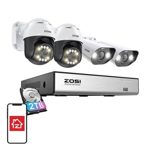 Zestaw czterech kamer IP ZOSI C296 WiFi 5MP (2 szt.) i C182 WiFi 8MP (2 szt.) + nagrywarka + dysk HDD 2TB ZOSI Zestaw czterech kamer IP ZOSI C296 WiFi 5MP (2 szt.) i C182 WiFi 8MP (2 szt.) + nagrywarka + dysk HDD 2TB ZOSI