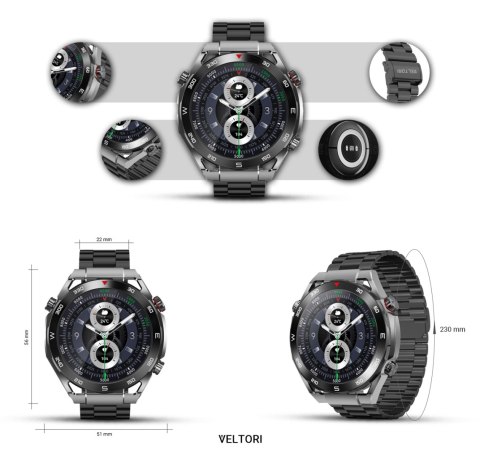 Smartwatch Veltori VT100-1 + Czarny Pasek Silikonowy + Czarny Eko Skóra VELTORI Smartwatch Veltori VT100-1 + Czarny Pasek Silikonowy + Czarny Eko Skóra VELTORI