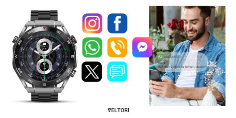 Smartwatch Veltori VT100-1 + Czarny Pasek Silikonowy + Czarny Eko Skóra VELTORI Smartwatch Veltori VT100-1 + Czarny Pasek Silikonowy + Czarny Eko Skóra VELTORI